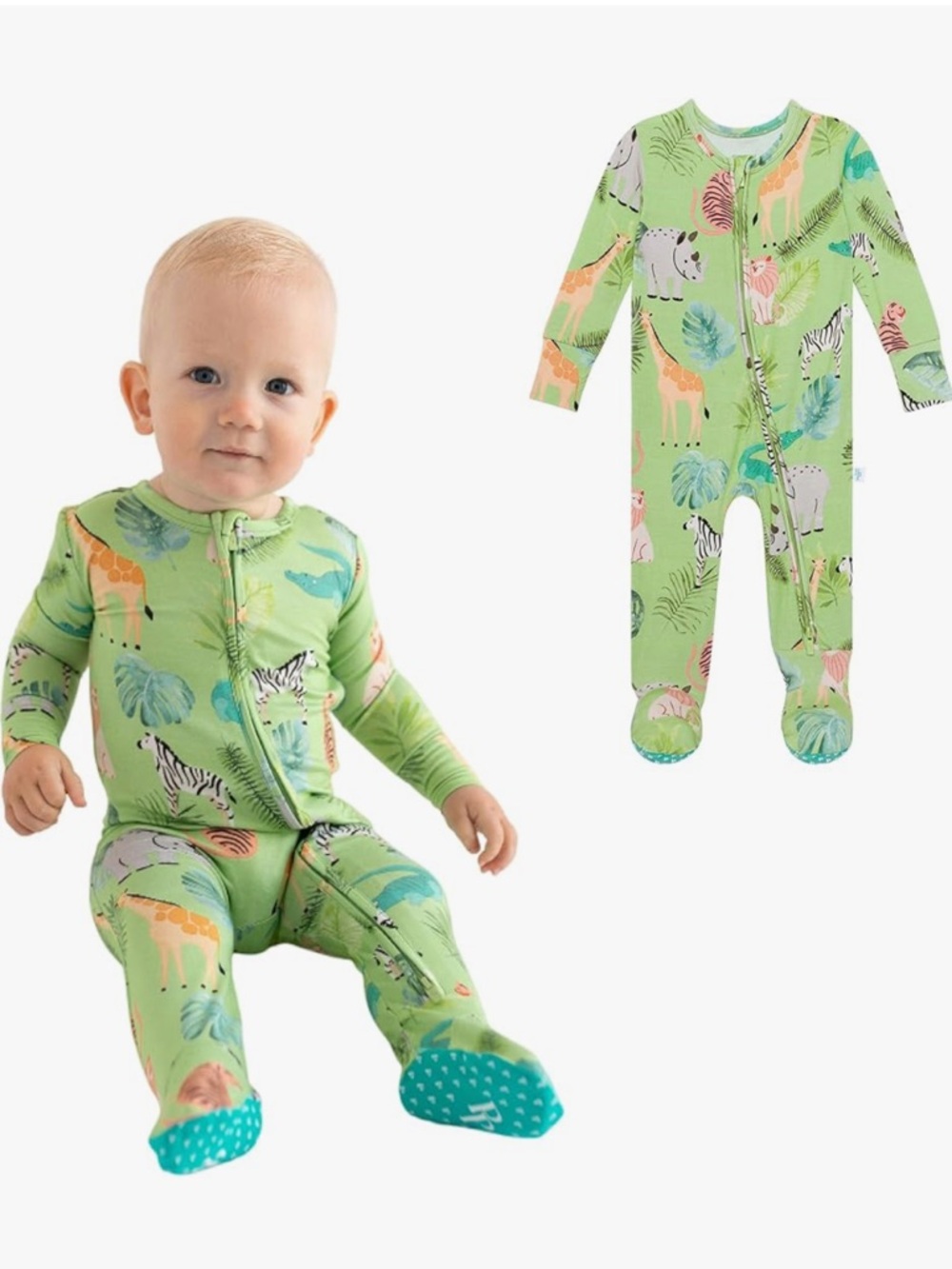 Posh Peanut Green Safari Print Footed One-Piece